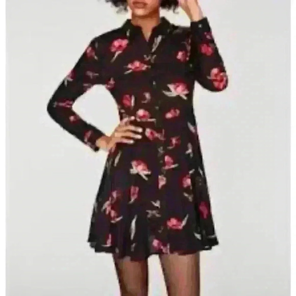 Zara Black/Red Flower Print Shirt Dress Fitted Torso Then Flirty Flair Sz XS - Picture 1 of 9